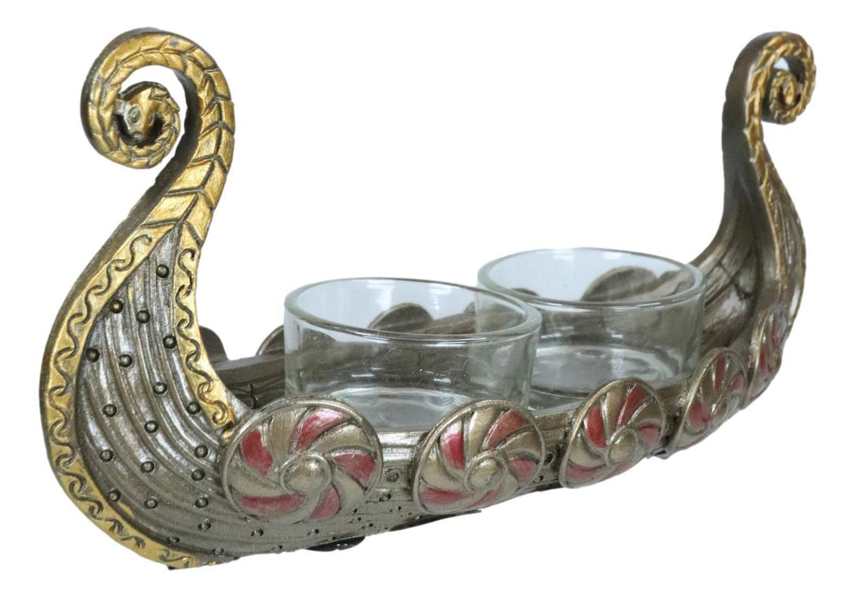 Ancient Viking Fjord Norseman Oseberg Longship 2 Votives Candle Holder Figurine