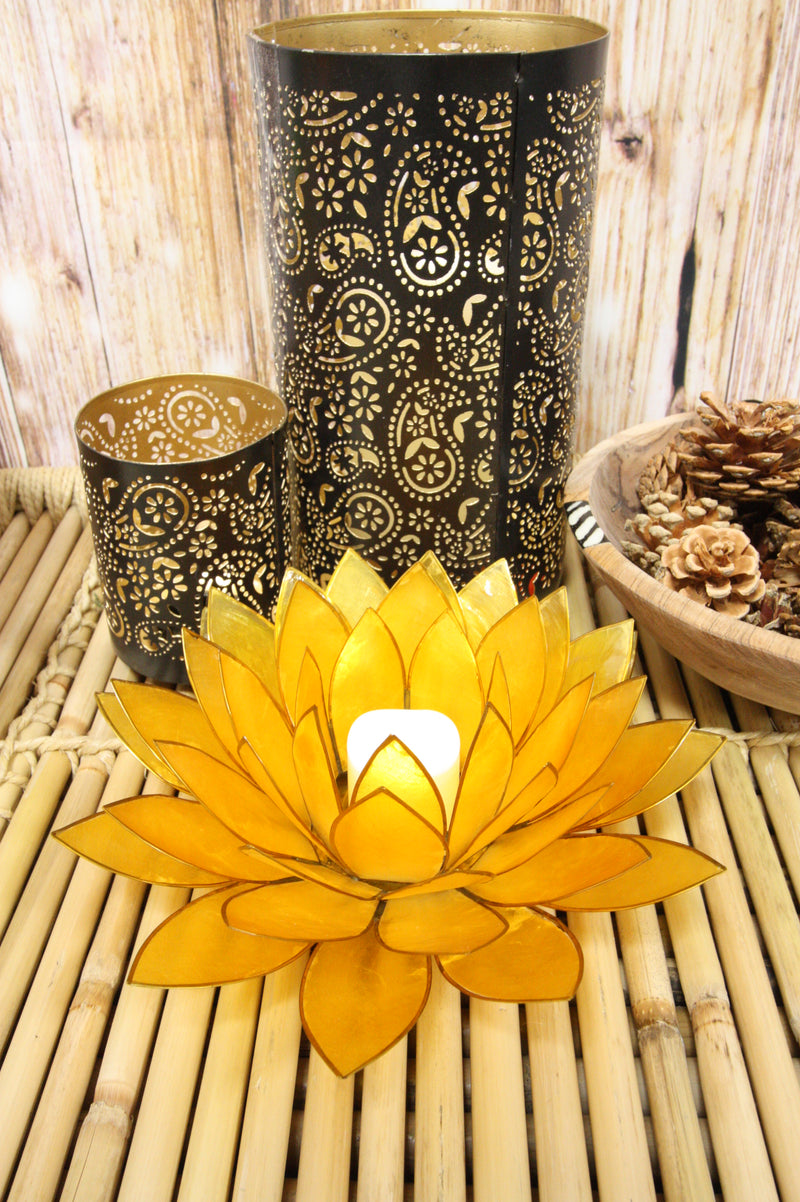 Tangerine Capiz Seashells Lotus Flower Votive Tea Light Candle Holder 8.5"D