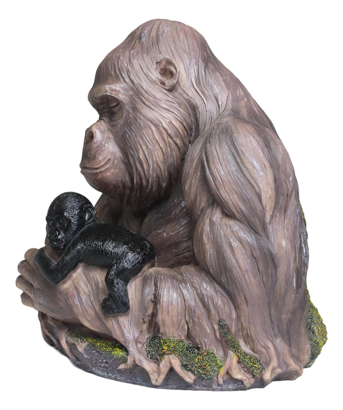 Tropical Rainforest Western Silverback Gorilla Cradling Baby Faux Wood Statue - Ebros Gift