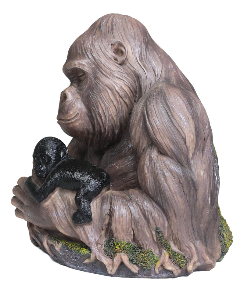 Tropical Rainforest Western Silverback Gorilla Cradling Baby Faux Wood Statue