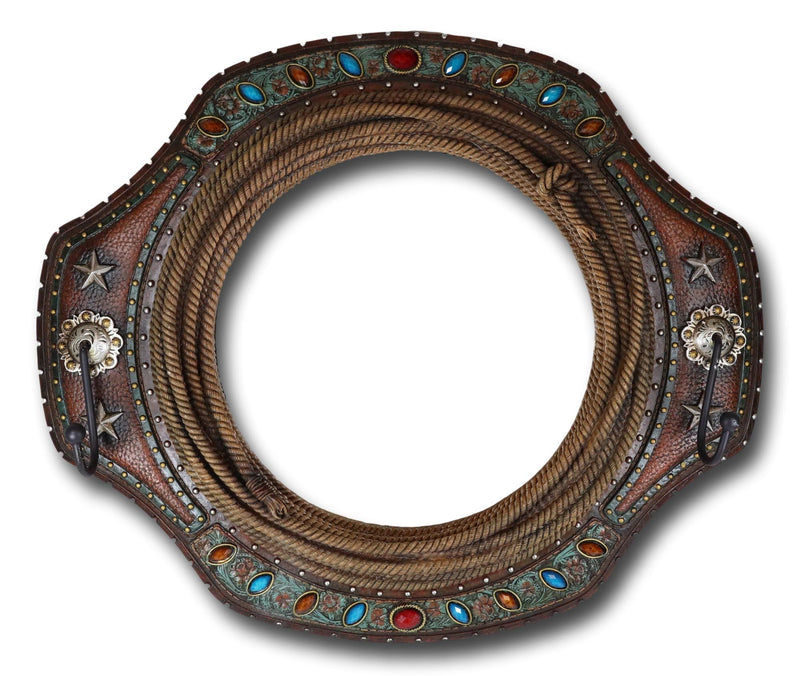 Southwestern Turquoise Beaded Western Lasso Ropes Stars Wall Mirror With 2 Hooks