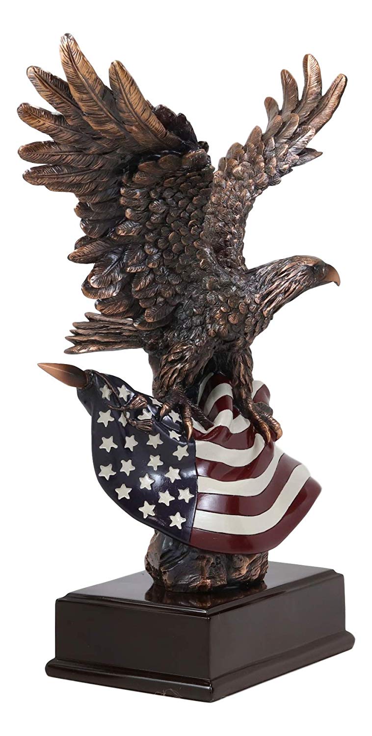 Ebros Large 14.5" Tall Bald Eagle Perching On American Flag Figurine With Base