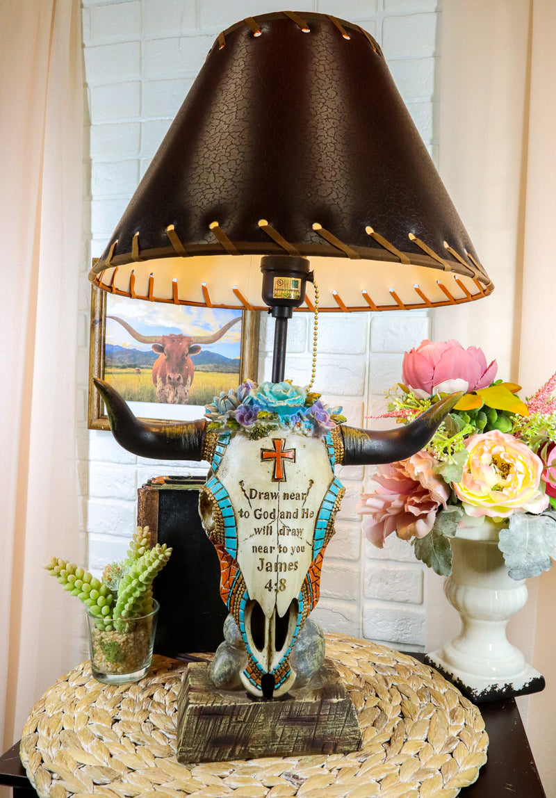 Western Cowboy Cow Skull With Floral Succulents Bible Verse Table Lamp Decor