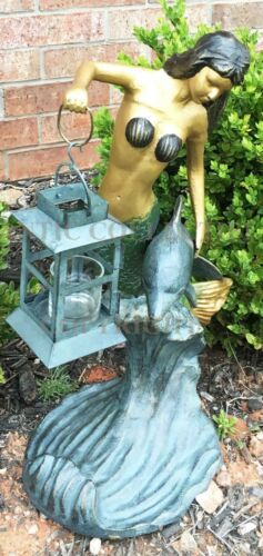 Ebros Garden Ocean Mermaid Goddess Holding Candle Lantern Aluminum Statue 21"H