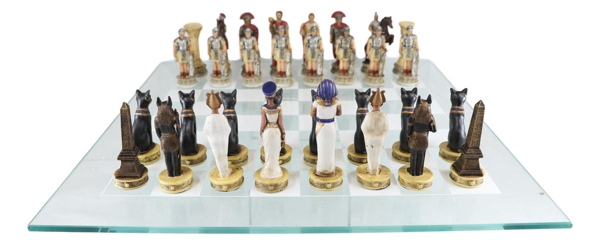 Ebros Pharaoh Egyptian VS Caesar Roman Empire Resin Chess Pieces W/ Glass Board - Ebros Gift