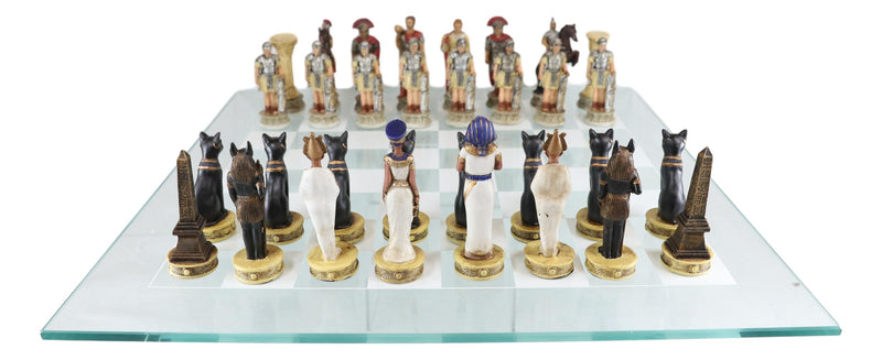Ebros Pharaoh Egyptian VS Caesar Roman Empire Resin Chess Pieces W/ Glass Board