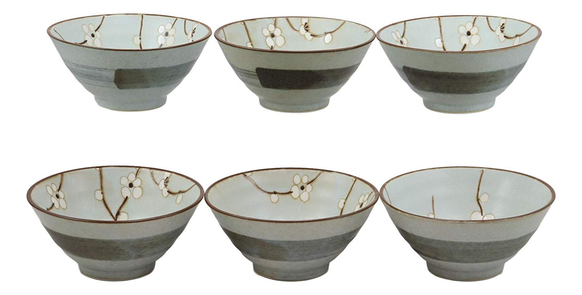 Ebros Gift Made In Japan 5"Dia Light Blue Plum Bowls With Sakura Cherry Blossoms Design 10 oz Rice Soup Salad Appetizer Bowl Set of 6 Kitchen Dining Japanese Chinese Cuisine Restaurant Supply
