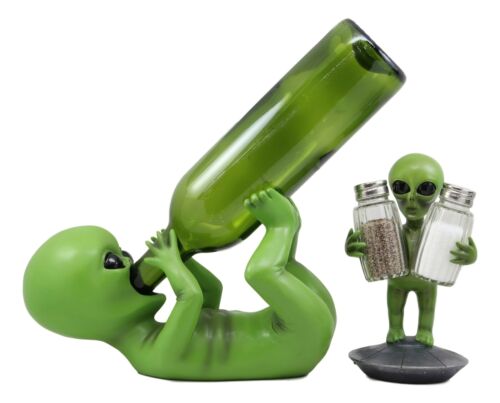 Ebros Alien UFO Spaceship Wine Bottle And Salt Pepper Shakers Holder Figurines