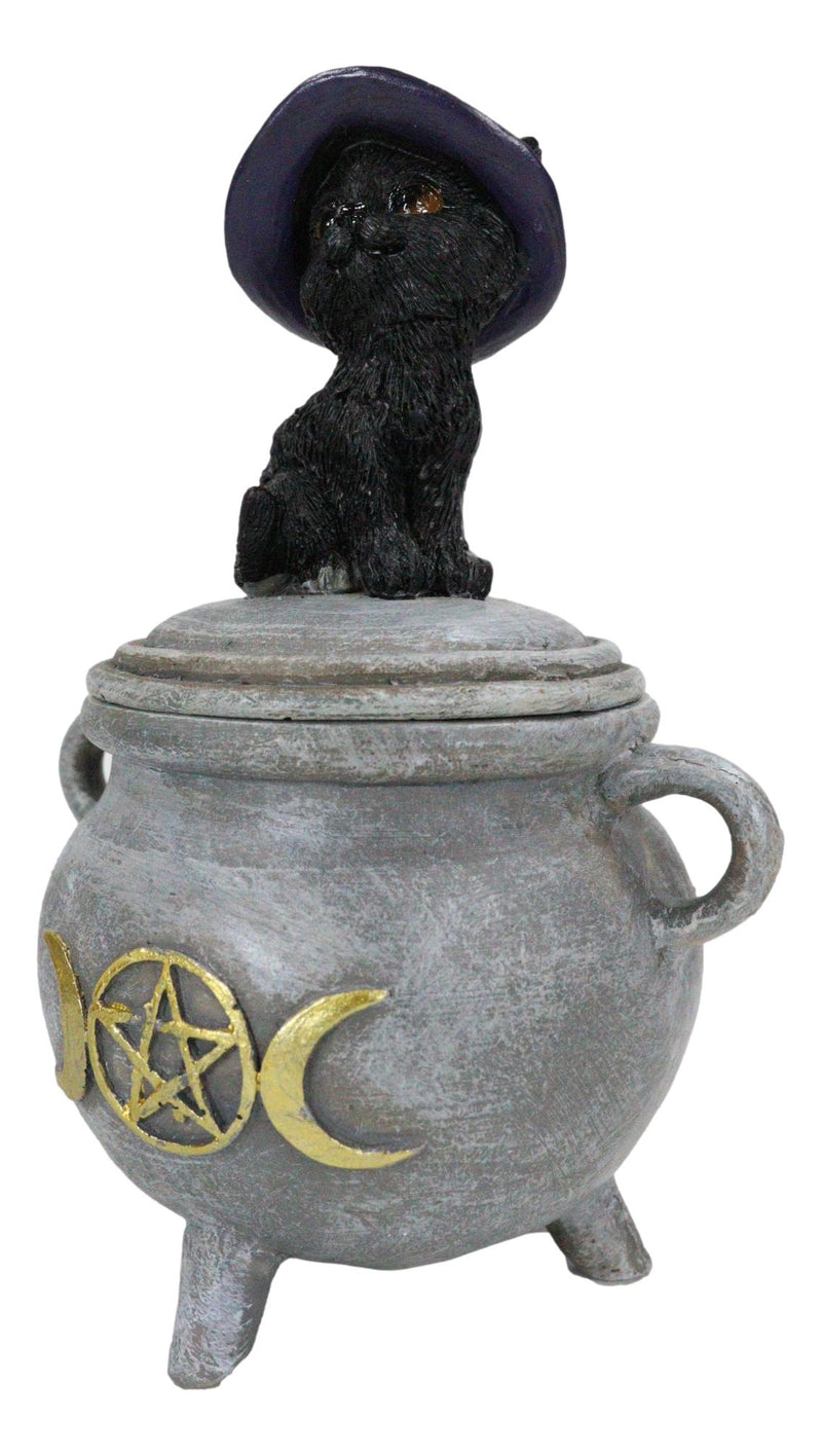 Halloween Wicca Black Cat With Witch Hat On Triple Moon Cauldron Decorative Box