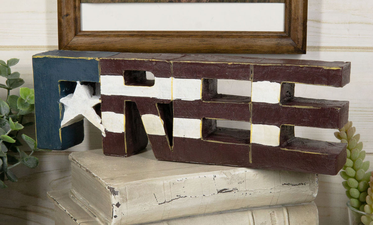 Pack of 3 USA Patriotic Flag 'Free Hope Love' Word Art Desktop Sign Plaques