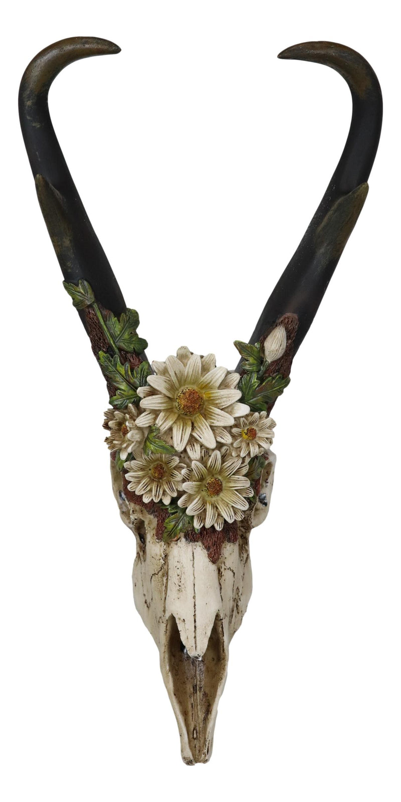 Western Rustic Pronghorn Antelope Skull With Antlers Feverfew Flowers Wall Decor