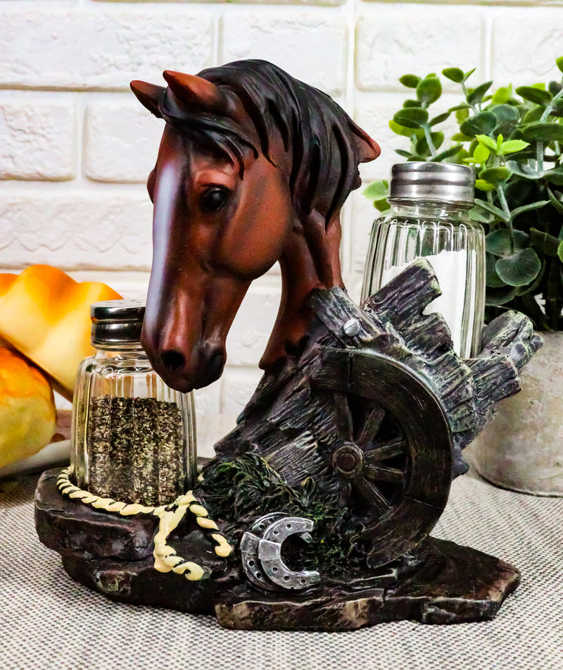 Ebros Chestnut Horse by Wagon Wheel Salt Pepper Shakers Holder Set 6.25" H