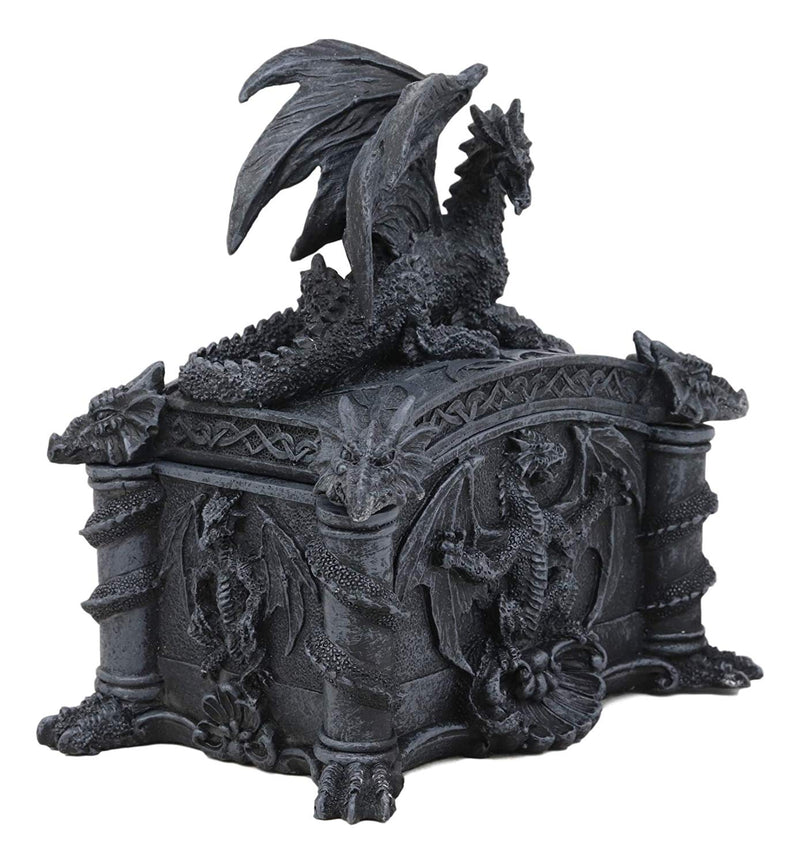 Medieval Roaring Fire Dragon On Celtic Knotwork Trinket Jewelry Box Statue Decor