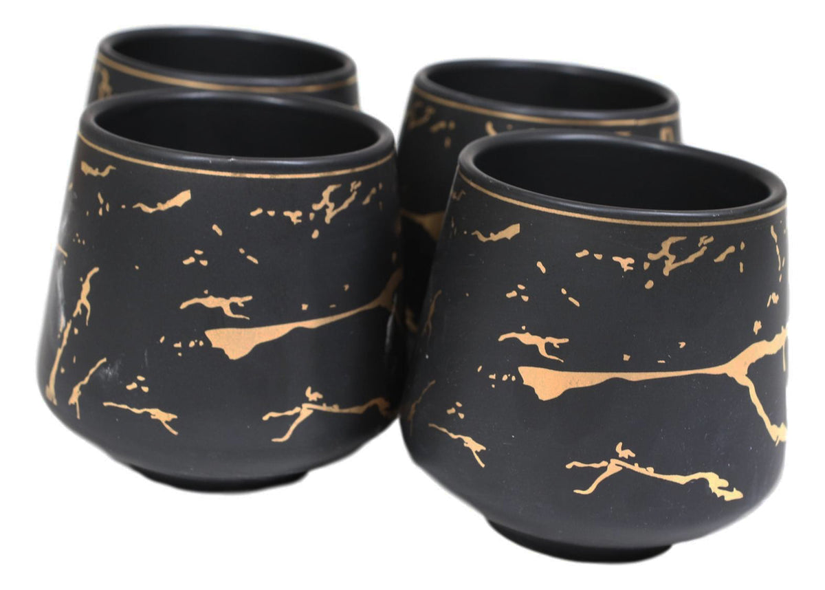 Black Faux Marble With Gold Veins Ceramic Tea Pot And Cups With Tray Set For 4 - Ebros Gift