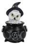 White Snowy Owl With Witch Hat In Black Triple Moon Pentagram Cauldron Figurine