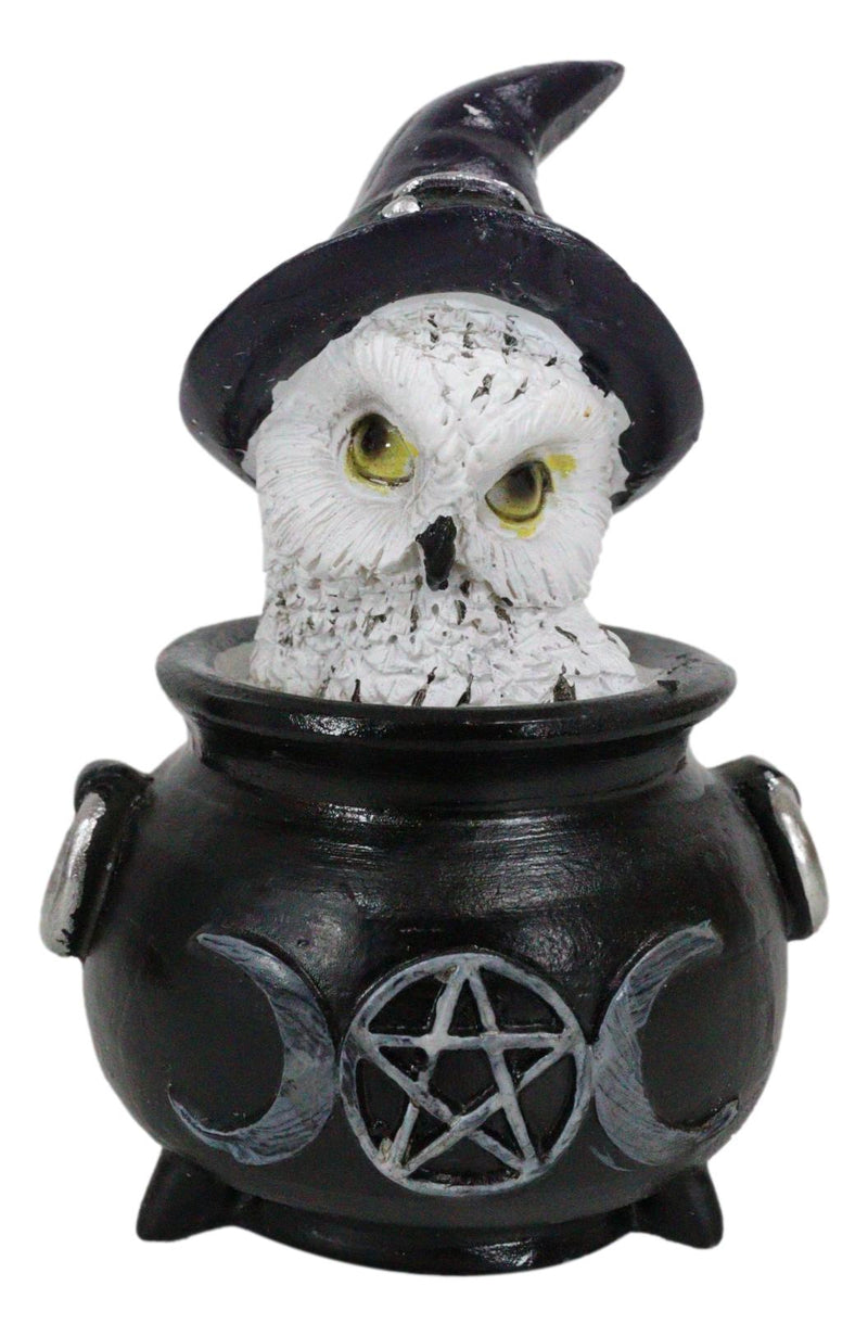 White Snowy Owl With Witch Hat In Black Triple Moon Pentagram Cauldron Figurine