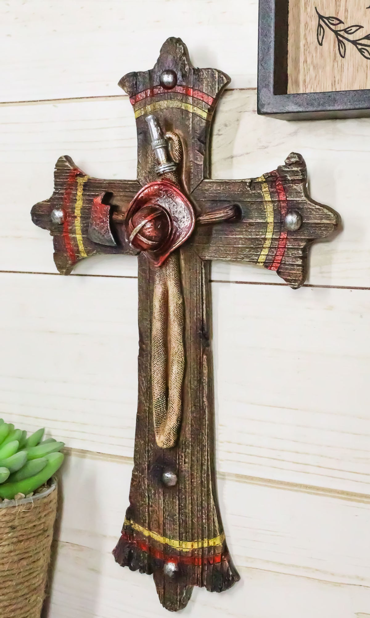 Rustic Fire Fighter Tools Fireman Axe Helmet Water Hose Faux Wood Wall Cross