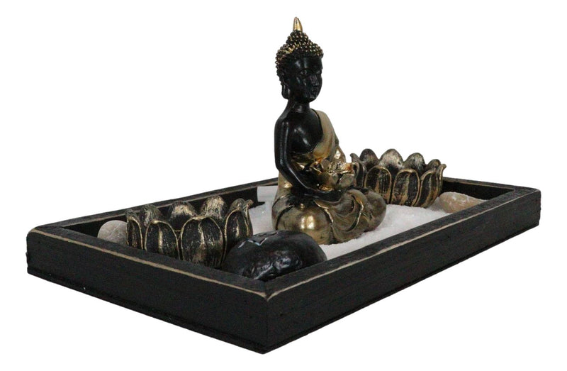 Meditating Gold Robe Buddha Zen Garden Kit With Lotus Candle Holders Sand Rake