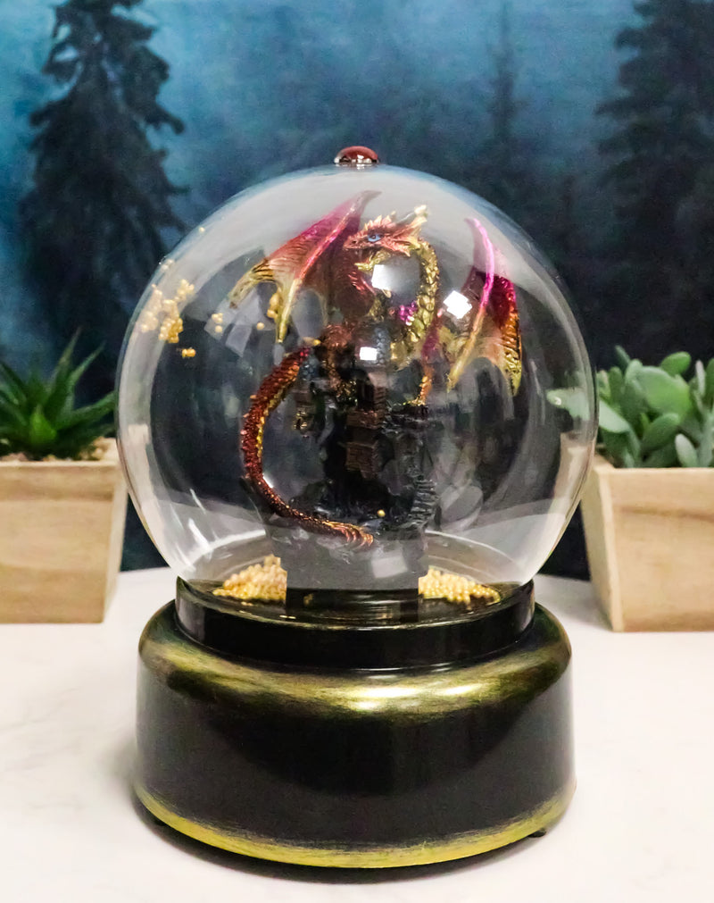 Red Dragon On Rocky Mountain Castle Musical LED Light Air Powered Glitter Globe