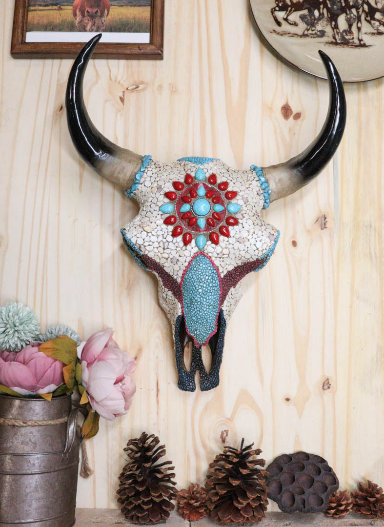 16.5"H Large Turquoise And Red Gems Mosaic Southwest Steer Cow Skull Wall Decor