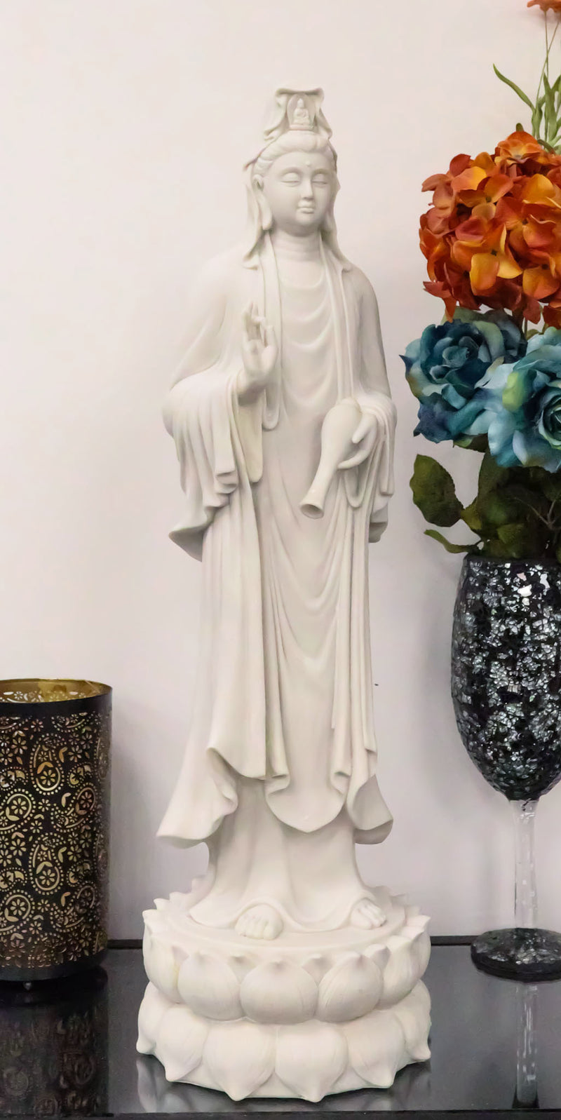 Large 29"H Feng Shui Goddess Guanyin Kuan Yin With Jar Standing on Lotus Statue