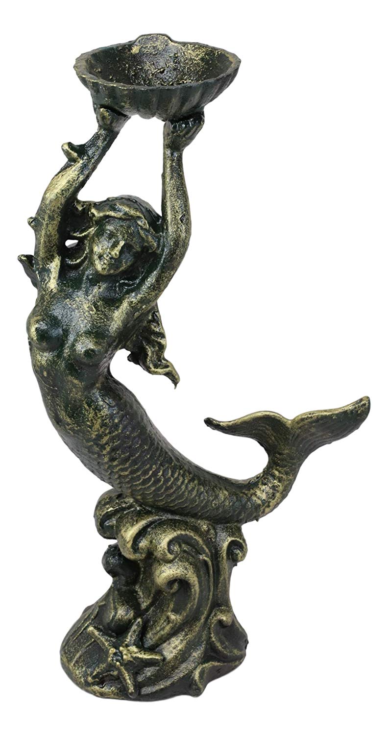 Cast Iron 15"H Under The Sea Mermaid Holding Up Sea Shell Candle Holder Statue - Ebros Gift