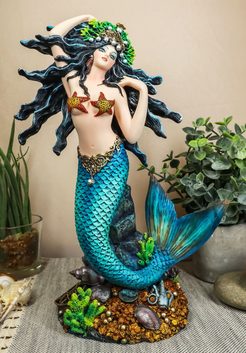 Ebros 11"H Nautical Turquoise Tail Mermaid Pearl Crown Princess By Treasures Statue - Ebros Gift
