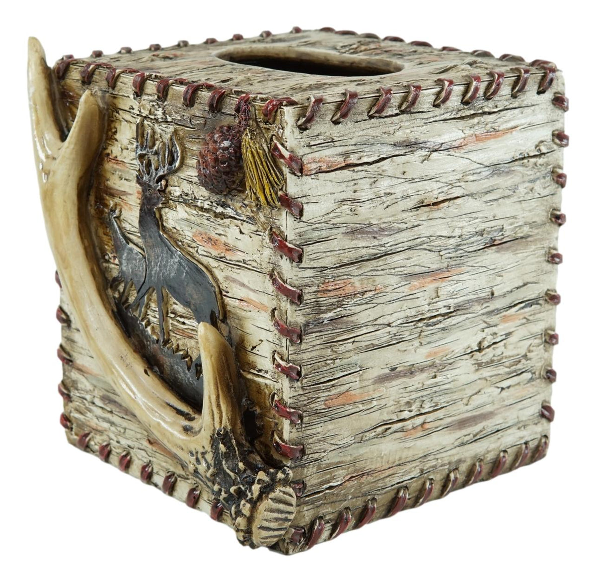 Rustic Wildlife Buck Elk Stag Deer Antler With Pinecone Tissue Box Cover 6"H