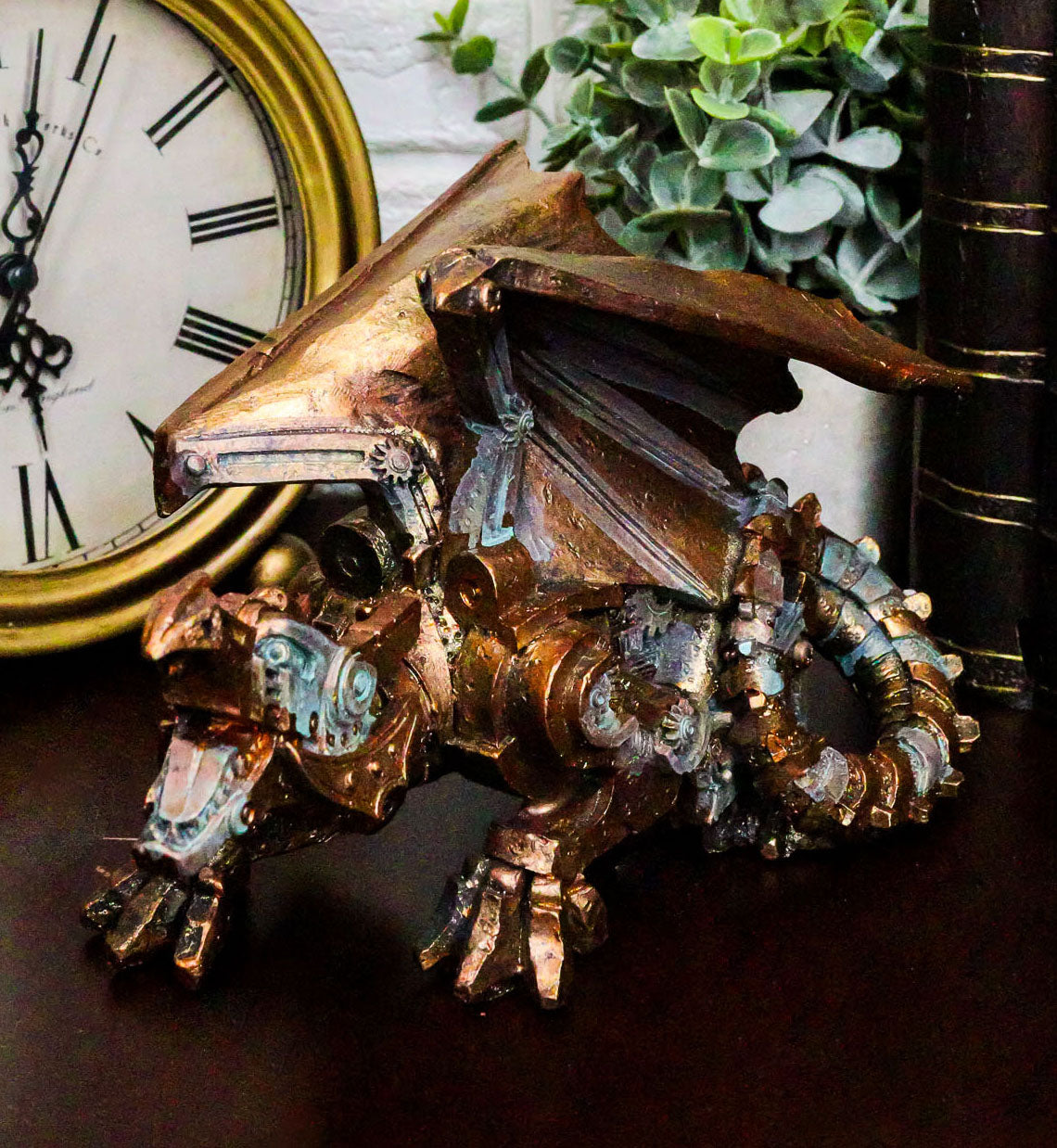 Ebros Roaring Steampunk Copper Skinned Robotic Cyborg Winged Dragon Figurine Statue