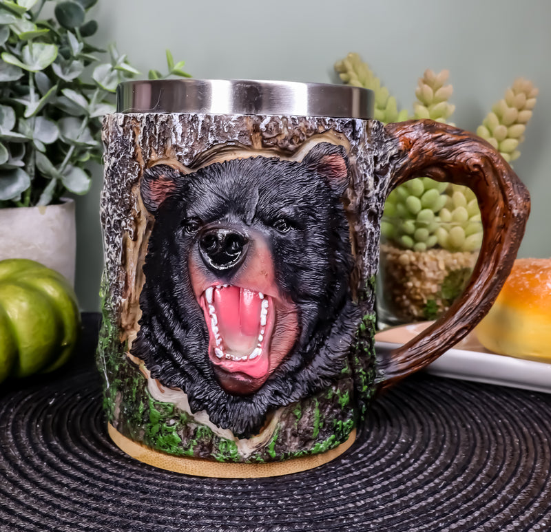 Nature Wildlife Roaring Black Bear Coffee Mug With Rustic Tree Bark De–  Ebros Gift