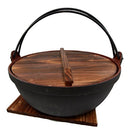 Ebros Gift Japanese Cast Iron Sukiyaki Shabu Shabu Nabe Ramen Personal Size Hot Pot With Wooden Lid 11.5" Diameter
