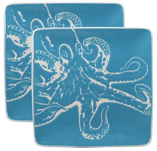 Ebros Nautical Giant Octopus Blue Large Dinner Plate Set of 2 Square 10.75"D
