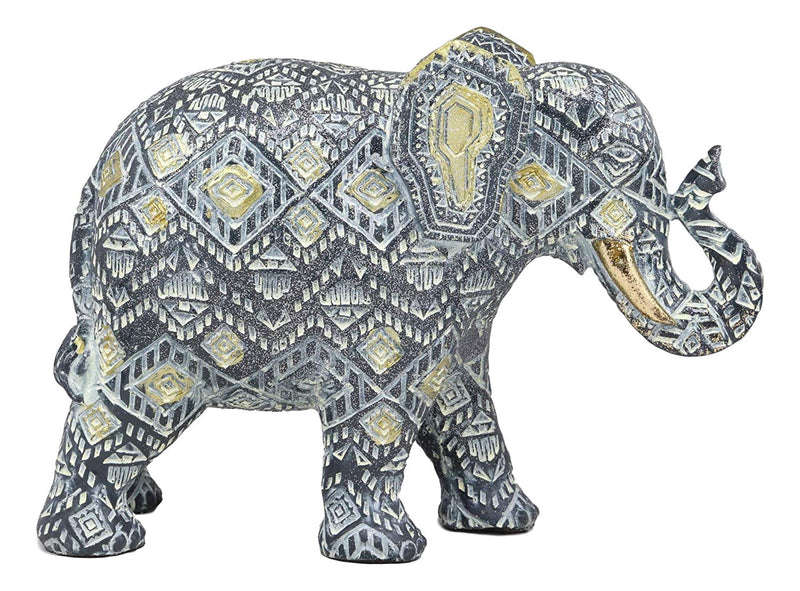 Ebros Feng Shui Silver and Gold Patterned Elephant with Trunk Up Statue 10.5" Long Vastu 3D Zen Elephants Figurine Symbol of Wisdom Fortune Success and Protection - Ebros Gift