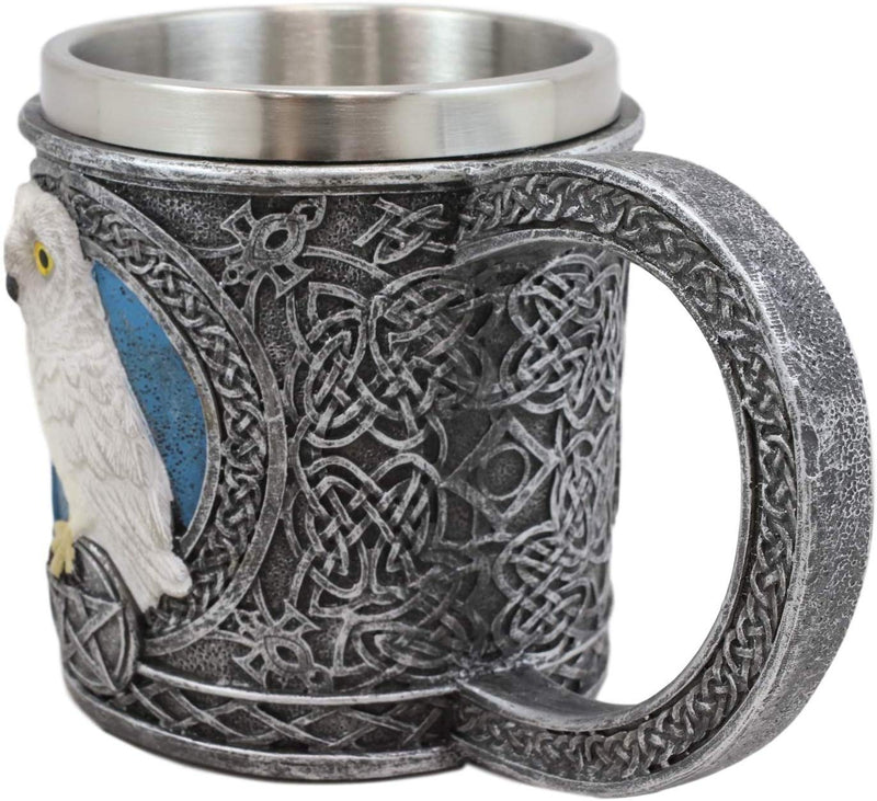 Ebros Dazed Snow White Owl With Celtic Tribal Tattoo Drinking Mug Cup 6"W