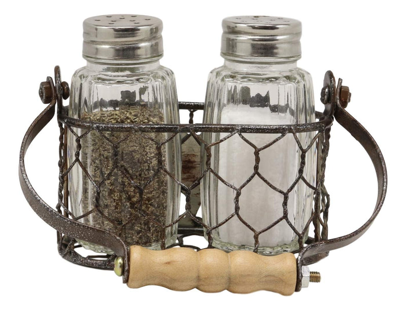 Ebros Gift Galvanized Metal Rustic Vintage Farm Milk Wire Basket Crate With Chicken Rooster Sign Salt And Pepper Shakers Display Holder Set 5.25"High