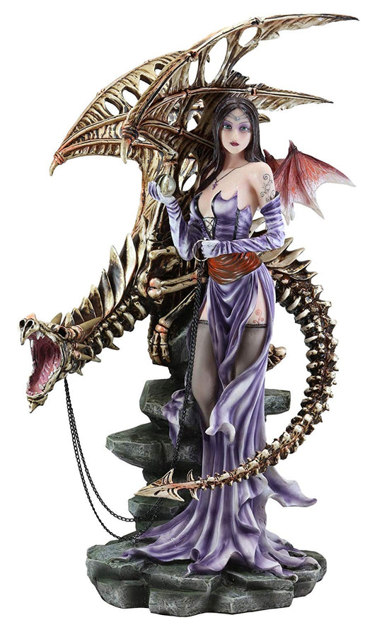 Large 25"H Goth Vampire Fairy In Night Gown With Chained Skeleton Dragon Statue - Ebros Gift