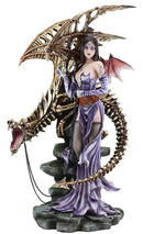 Large 25"H Goth Vampire Fairy In Night Gown With Chained Skeleton Dragon Statue