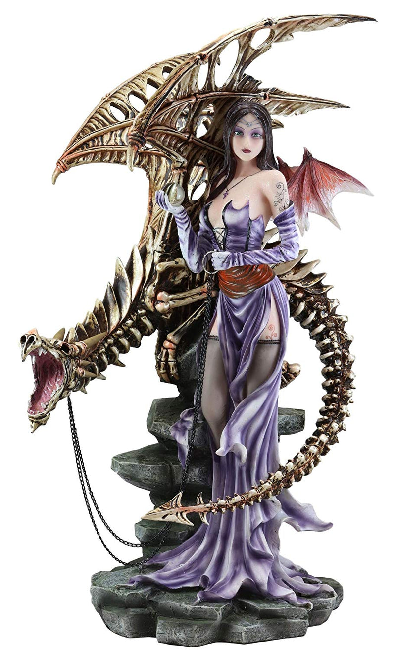 Large 25"H Goth Vampire Fairy In Night Gown With Chained Skeleton Dragon Statue