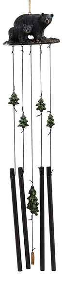 Ebros Gift Rustic Woodland Black Bear Mother and Cub Family Roaming The Forest Figurine Top Resonant Wind Chime with Pine Tree Ornaments Garden Patio Rustic Cabin Lodge Mountain River Home Accent
