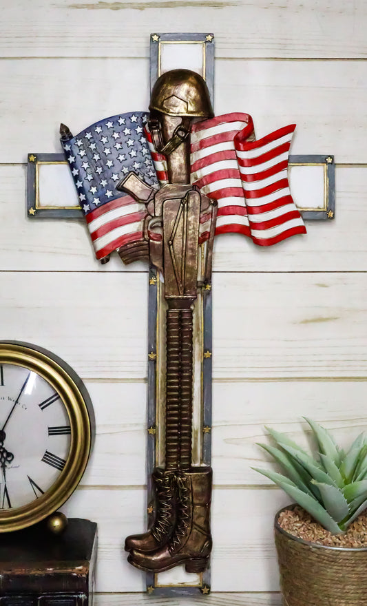 Patriotic USA Flag Fallen Soldier Helmet Rifle and Tactical Boots Wall Cross