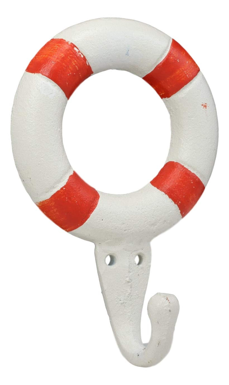 Ebros Gift 6.5"Tall Cast Iron Nautical Coastal Sailor Lifeguard Life Ring Buoy White With Red Stripes Wall Hook (1) - Ebros Gift