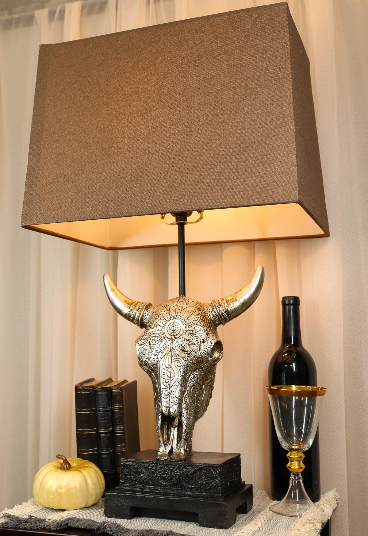 26" Southwest Vintage Rustic Floral Scroll Steer Bison Skull Table Lamp W/ Shade
