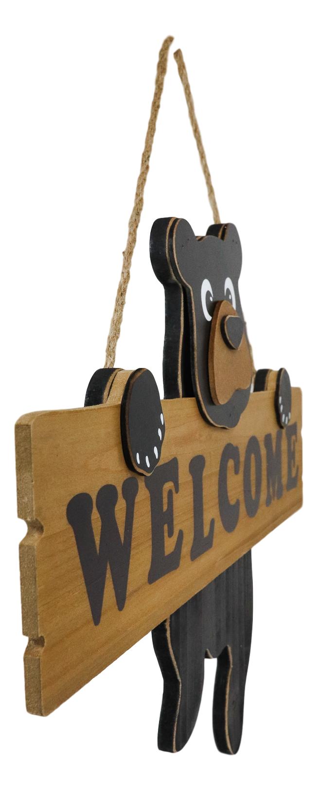 Black Bear Cub Hanging On Welcome Sign Plank MDF Wood Door Or Wall Decorative