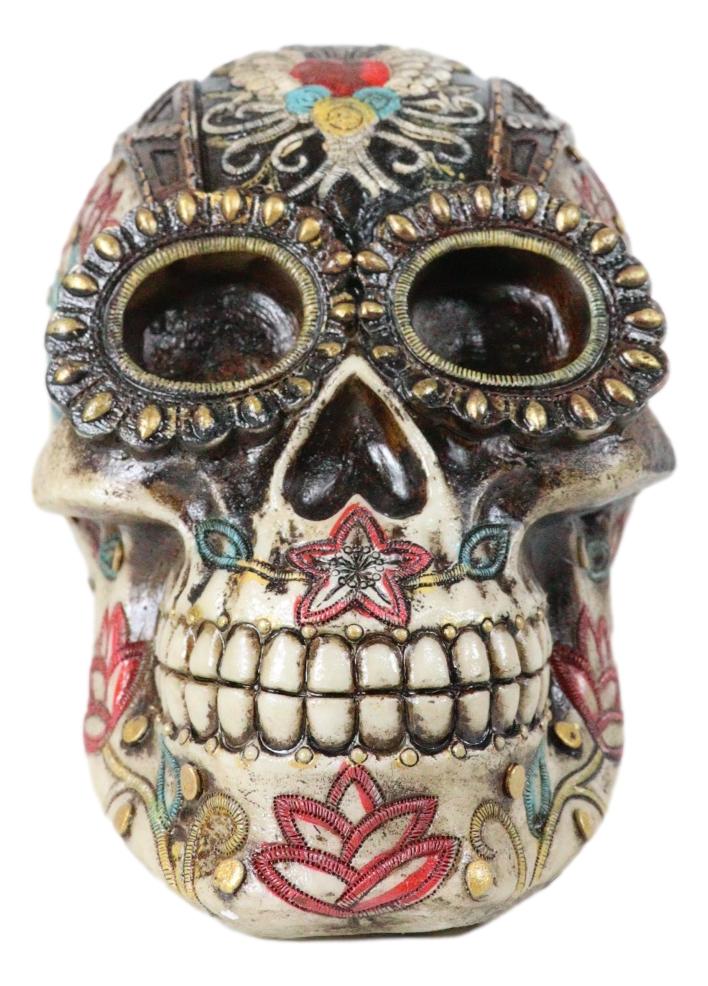 Day Of The Dead Floral Vines Embroidery Angel Wings Heart Motif Skull Figurine