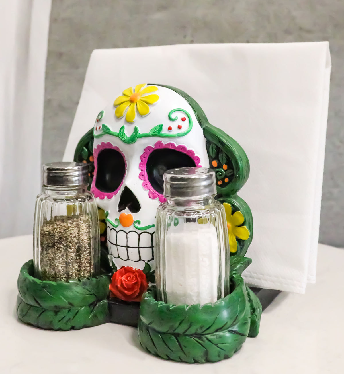 Sugar Skull Day Of The Dead Gothic Rose Salt Pepper Shakers Napkin Holder Set