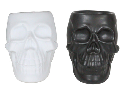 Set Of 2 Black And White Gothic Skull Skeleton Ceramic Votive Candle Oil Warmers