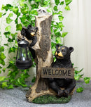 Ebros Forest Black Bear Mama And Cub With Raccoon Welcome Sign Solar LED Light Statue