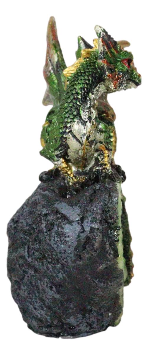 Metallic Green Iridescent Wyrmling Dragon On Faux Geode Crystal Rock Figurine