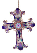 Purple Glitter Stained Glass Gemstones Copper Floral Celtic Cross Wall Decor