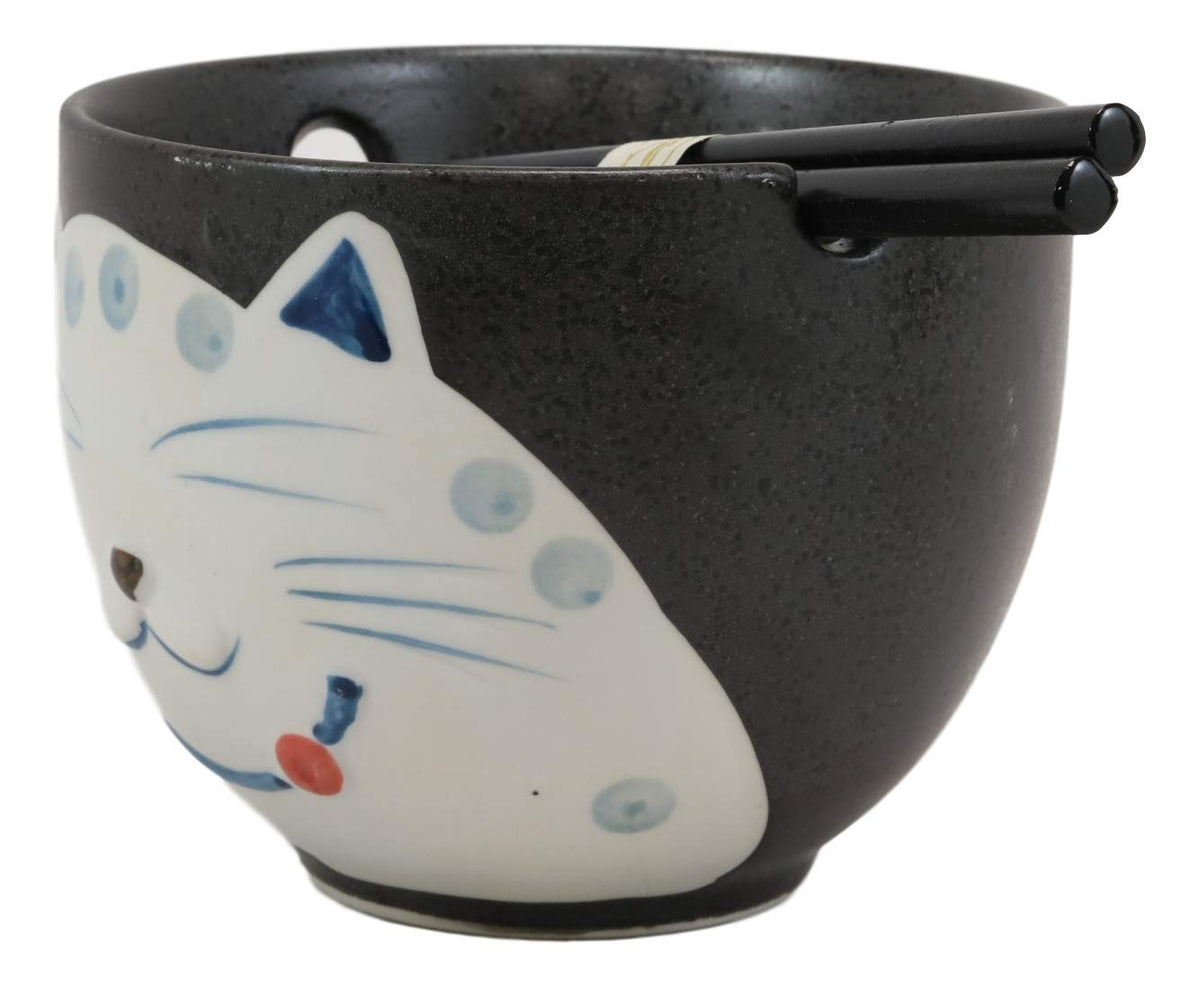 Ebros Whimsical Ceramic Black Lucky Meow Cat Ramen Noodle Bowl & Chopsticks Set